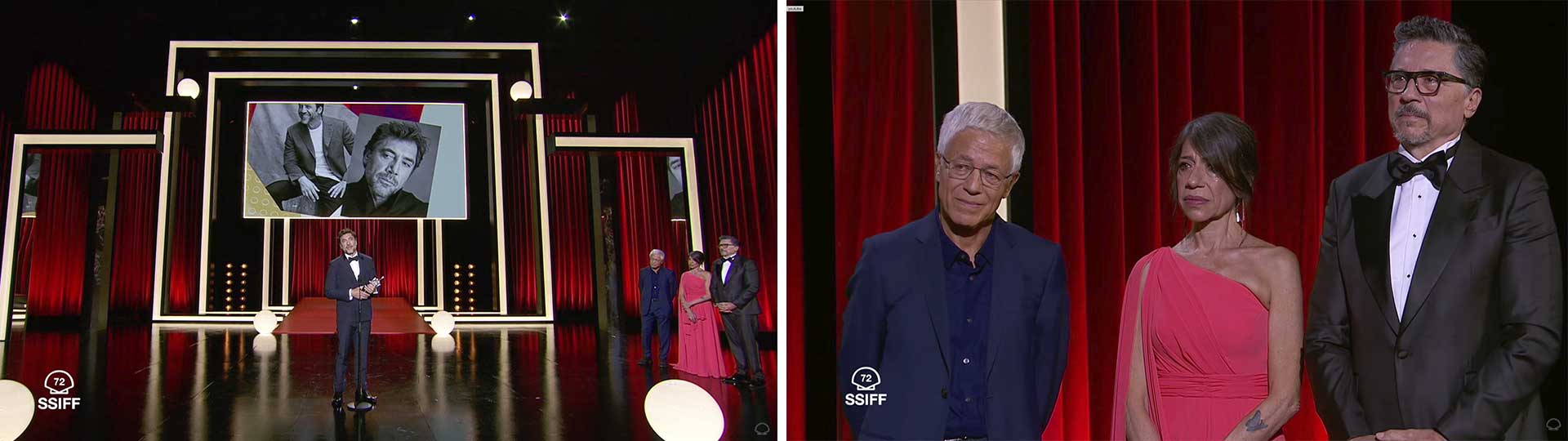 A stage event featuring a speaker and three attendees, with a large screen displaying images of a man. The backdrop is red and elegant.