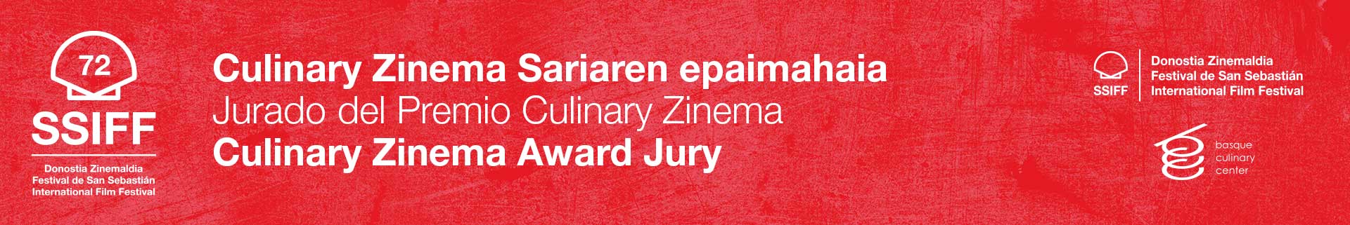 Red banner featuring text about the Culinary Zinema Award Jury at the 72nd San Sebastián International Film Festival.