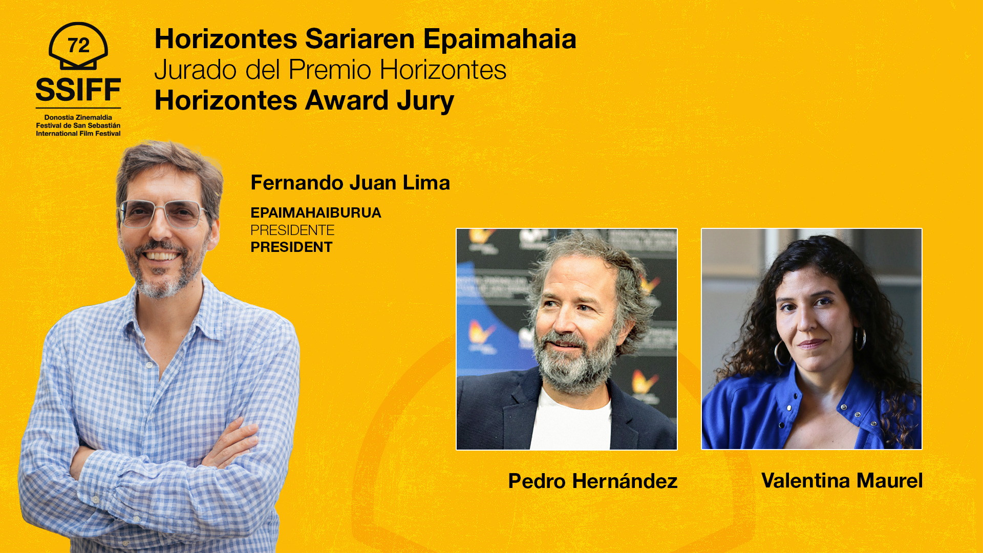 Image featuring three individuals: Fernando Juan Lima, Pedro Hernández, and Valentina Maurel, with a yellow background and festival details.