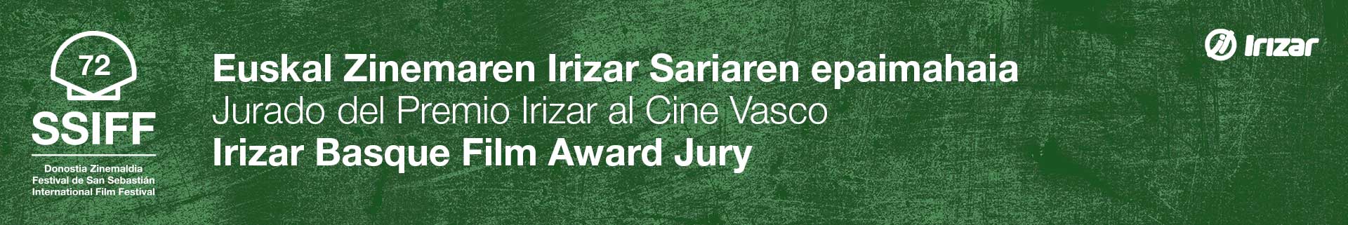 Banner for the 72nd San Sebastián International Film Festival, featuring the Irizar Basque Film Award Jury. Green background with text.