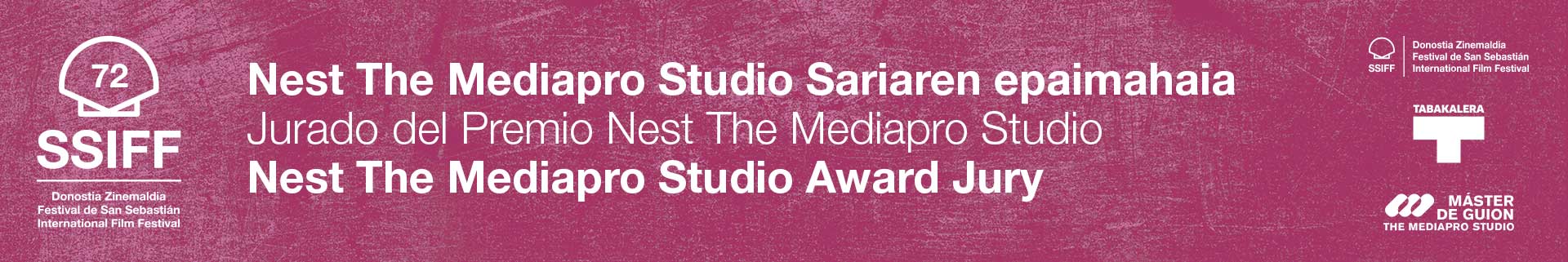 Banner for the 72nd San Sebastián International Film Festival, featuring the Nest The Mediapro Studio Award Jury.