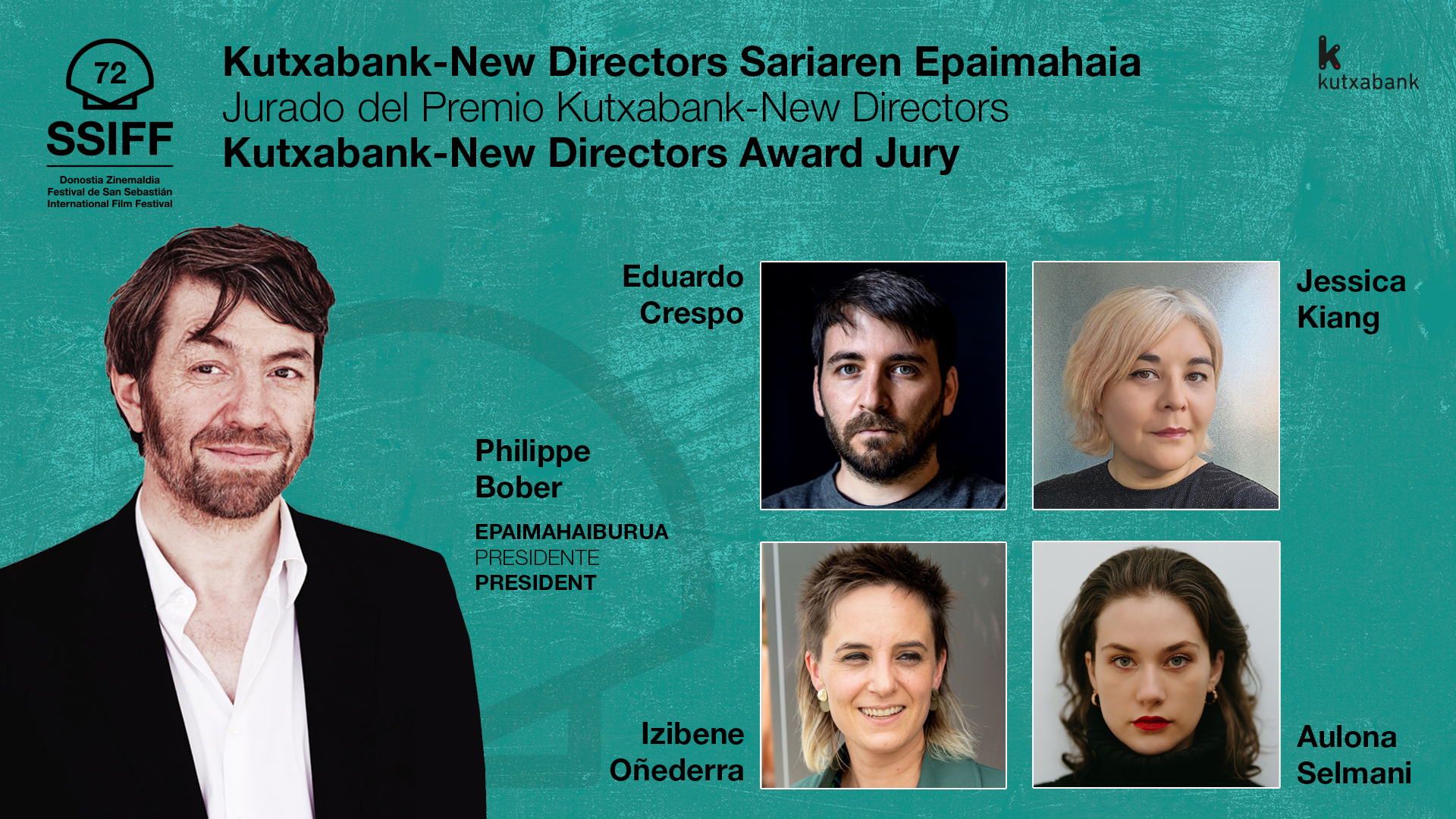 Image features a promotional graphic for the Kutxabank-New Directors Award Jury at the San Sebastián International Film Festival, showcasing five jury members.