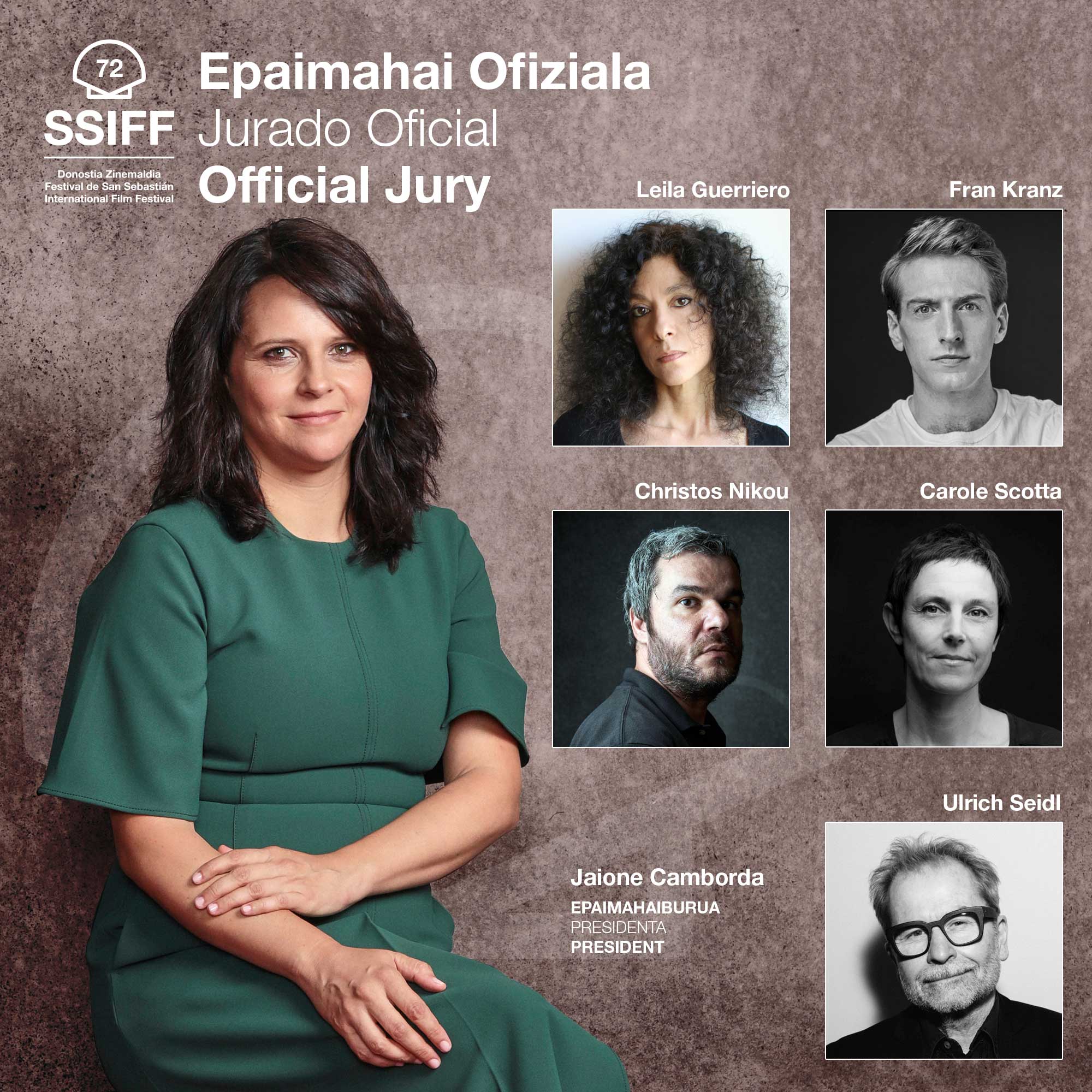 A group portrait of the official jury for the 72nd San Sebastián International Film Festival, featuring six members.